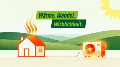 Eine stilisierte Illustration zeigt ein kleines Haus in warmen Orange- und Gelbtönen, aus dessen Dach drei geschwungene Wärmestrahlen aufsteigen. Rechts neben dem Haus steht eine moderne Wärmepumpe, durch ein Kabel mit dem Gebäude verbunden. Im Hintergrund sind sanft gezeichnete grüne Hügel und eine helle Landschaft zu sehen. Über dem Bild stehen in grünen Textfeldern die Worte „Wärme. Wandel. Wirklichkeit.“ Oben rechts ist ein abstrahiertes Sonnenblumen-Element in Gelb angedeutet.